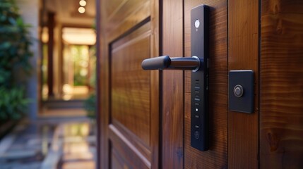 A close-up of a wooden door with a digital lock system, showing the sleek digital door handle.

