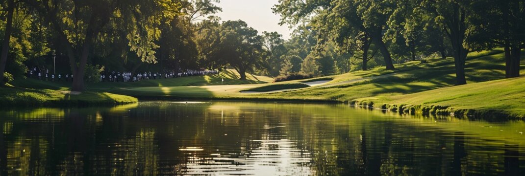 A serene and focused moment in a golf tournament, capturing a golfer in mid-swing on a lush green course, with the audience quietly observing, surrounded by natural beauty and tranquility.