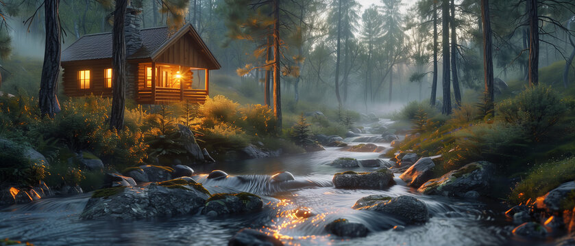 A cozy cabin nestled beside a babbling brook