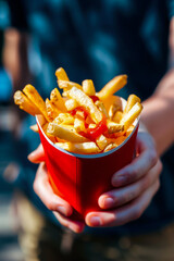 Hands of person holding french fries