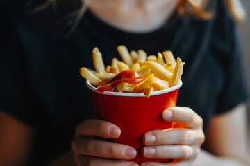 Hands of person holding french fries