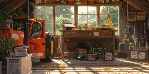 Farmer's Barn Office: A rustic desk in a barn, with agricultural tools, seed packets, and a tractor, signifying a rural business owner tending to their crops and livestock