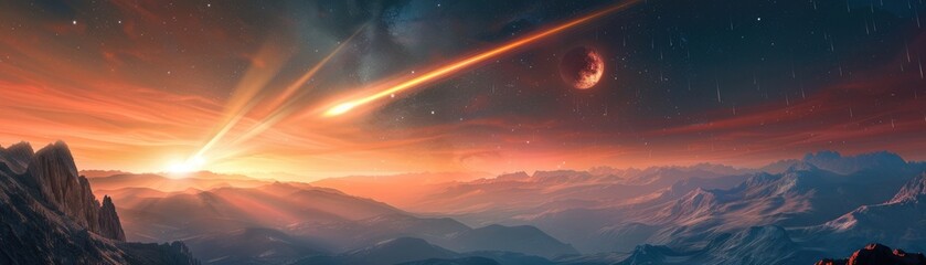 Meteorites fiery path towards Earth above a mountain range copy space, natural wonder theme, surreal, silhouette, rugged mountains as backdrop
