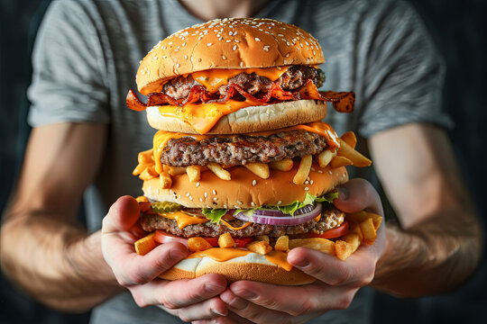 Hand holding large stack of junk food, representing unhealthy overeating