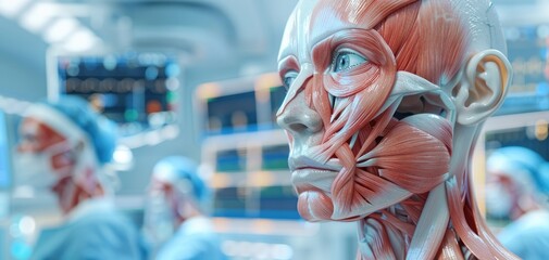 3D scene of the human facial muscles in a surgical simulation copy space, medical procedure theme, realistic, multilayer, operating room as backdrop