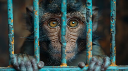 Monkey in a Cage Observing From Behind Bars