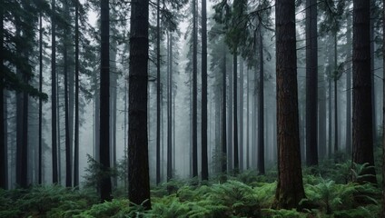 Fototapeta premium A dense forest of towering pine trees