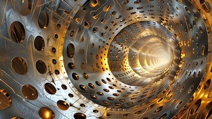Abstract image of illuminated metallic tunnel with golden light. Futuristic and industrial style background. Ideal for tech, sci-fi and design purposes. AI