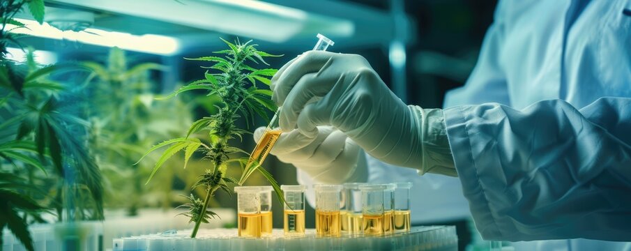 Chemist preparing samples of hemp extracts for cannabinoid testing in a lab copy space, preparation theme, dynamic, silhouette, chemical fume hood as backdrop