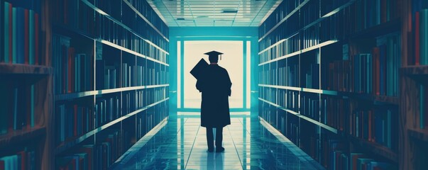 Graduate holding a thesis with an academic institution backdrop copy space, accomplishment theme, dynamic, silhouette, library entrance as backdrop