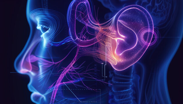 Diagram of the auditory pathway focusing on the auditory nerve focus on, nerve function theme, ethereal, manipulation, anatomical chart as backdrop