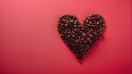 Coffee bean-shaped heart on a crimson background. Lay flat. Symbol of affection for coffee Heart-shaped arrangement of roasted coffee beans - Powered by Adobe