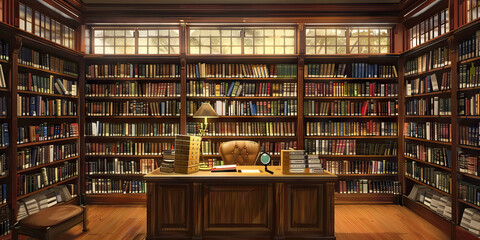 Librarian's Reading Room: A cozy desk surrounded by bookshelves in a quiet library, featuring a card catalog and a magnifying glass, signifying a knowledgeable library professional assisting patrons.