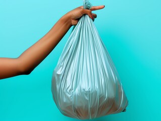 Arm offering a trash bag, bright blue minimalistic setting, clean composition, Realism, Digital art