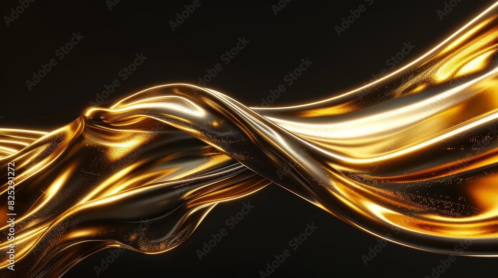 Aufkleber flowing golden metallic wave shape on black background abstract 3d rendering