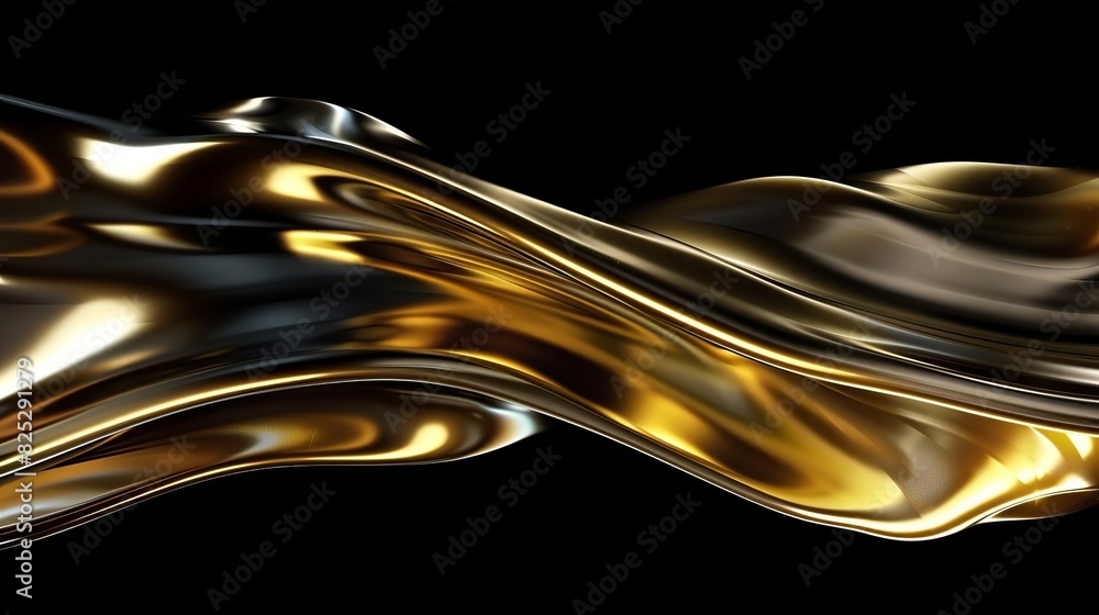 Aufkleber flowing golden metallic wave shape on black background abstract 3d rendering