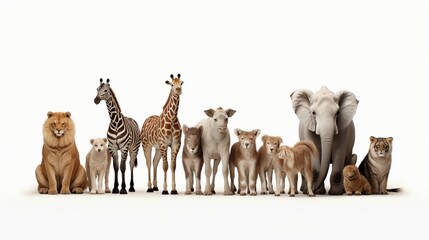: A diverse array of animals, including a lion, giraffe, elephant, and zebra, all peacefully coexisting in one stunning photograph against a white solid background.