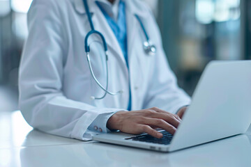 A doctor working on a laptop close-up, online consultation concept