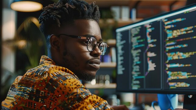 focused young black man coding on computer digital illustration