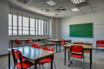 Educational classroom setup with a solid white background