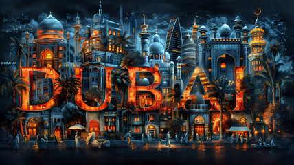 Dubai city destination poster in the style of film photo montage depicting iconic landmarks and scenes from the city. Vacation and international travel concept.