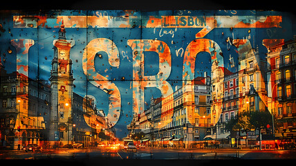 Lisbon city destination poster in the style of film photo montage depicting iconic landmarks and scenes from the city. Vacation and international travel concept.
