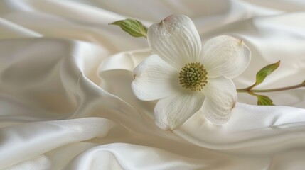 White dogwood flower on white satin fabric.

