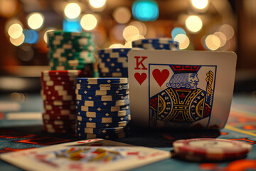 Fototapeta premium Poker chips and a King of hearts card on a casino table, bokeh lights in the background