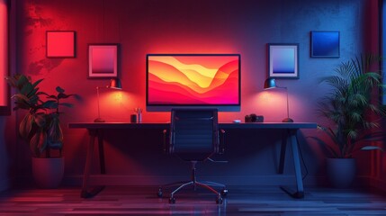 banner concept for remote work solution with desk, computer, and ergonomic chair in a modern workspace