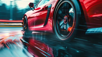 Close-up of a sports car wheel in motion on a rainy road.

