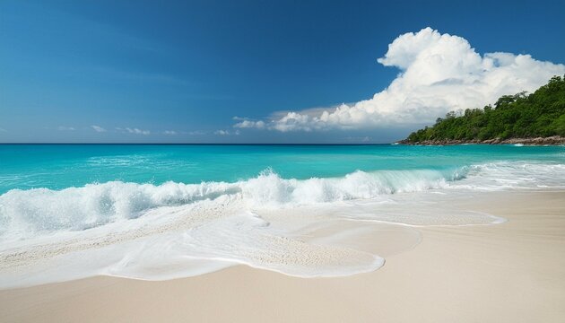 Tropical beach with white sand and rolling foamy wave of turquoise ocean