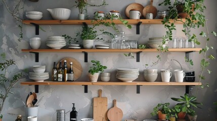 Open shelves displaying handmade ceramic dishes.

