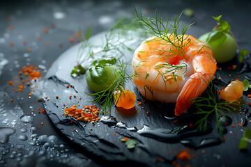 A succulent shrimp garnished with fresh herbs and vibrant garnishes