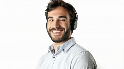 friendly customer service representative with headset and engaging smile isolated on white