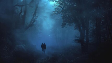 friends navigating through mystical fog in dark forest night adventure digital art