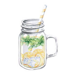 Transparent glass jar-mug with lemonade, mint, ice and straw in watercolor illustration on a white background. Hand drawn mug for cookbooks, lemonade, restaurant menu design, bar, cards.