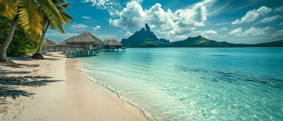 Amazing Bora Bora beach with overwater bungalows and tropical palm trees. White sand and crystal clear water.