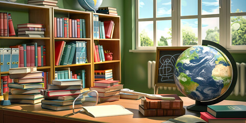 The Teacher's Desk: A tidy workspace with stacks of books, a globe, and a chalkboard eraser, symbolizing a dedicated educator in a classroom setting.