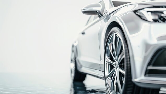 A silver car on white background, close up shot with copy space concept Generative AI