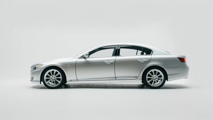 Fototapeta premium A silver car, side view on white background with copy space Generative AI