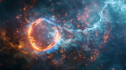 A scene of a particle smoke ring, with a background of particles of matter and energy