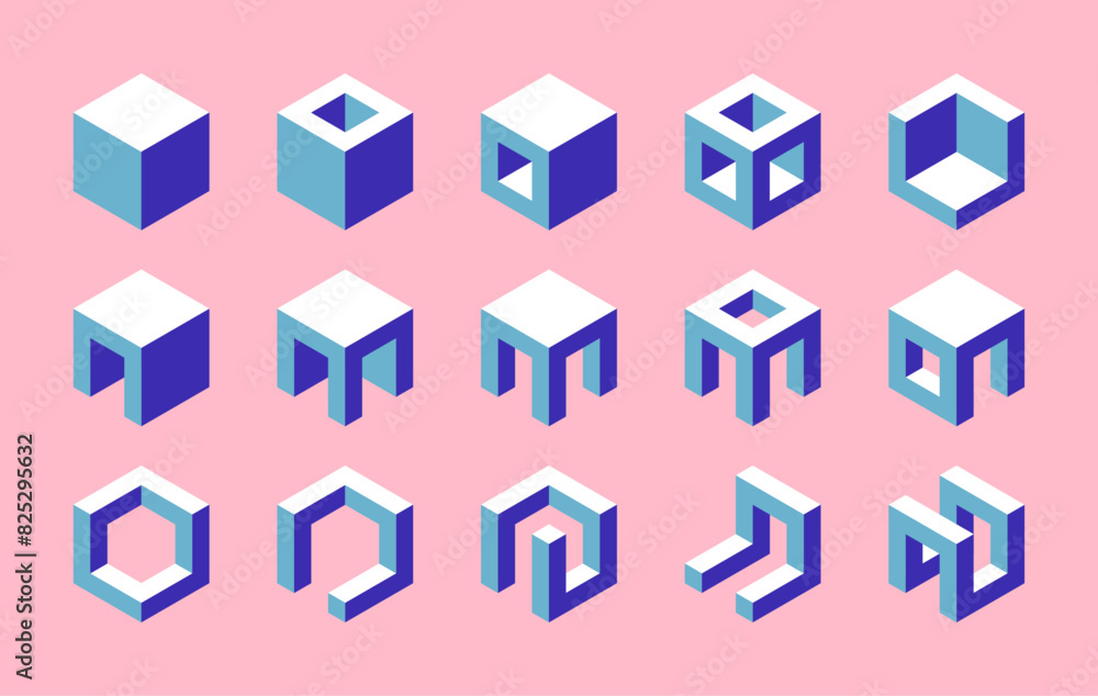 Sticker set of isometric cubes. 3d vector geometric shapes. collection of isolated modern architectural elem