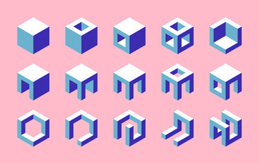 Set of isometric cubes. 3D vector geometric shapes. Collection of isolated modern architectural elements.