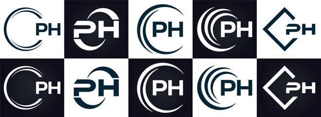 PH logo. P H design. White PH letter. PH, P H letter logo design. P H letter logo design in FIVE, FOUR, THREE, style. letter logo set in one artboard. P H letter logo vector design.