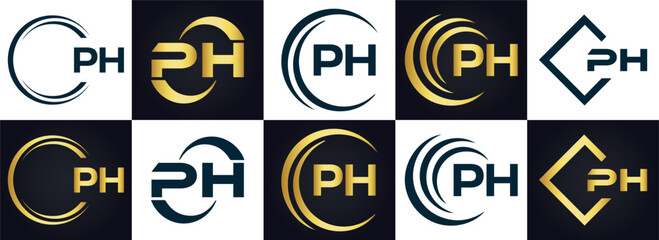 PH logo. P H design. White PH letter. PH, P H letter logo design. P H letter logo design in FIVE, FOUR, THREE, style. letter logo set in one artboard. P H letter logo vector design.