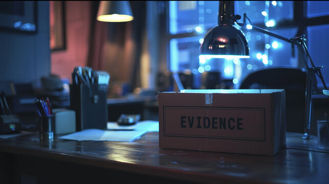 Box of evidence on a desk in a police station
