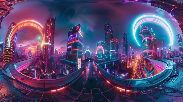 futuristic cyberpunk night city with troninspired neon lights 360 panorama hdri