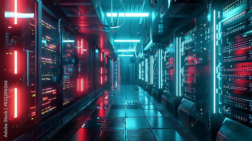 Aufkleber futuristic data center with server racks and glowing scifi lighting 3d visualization