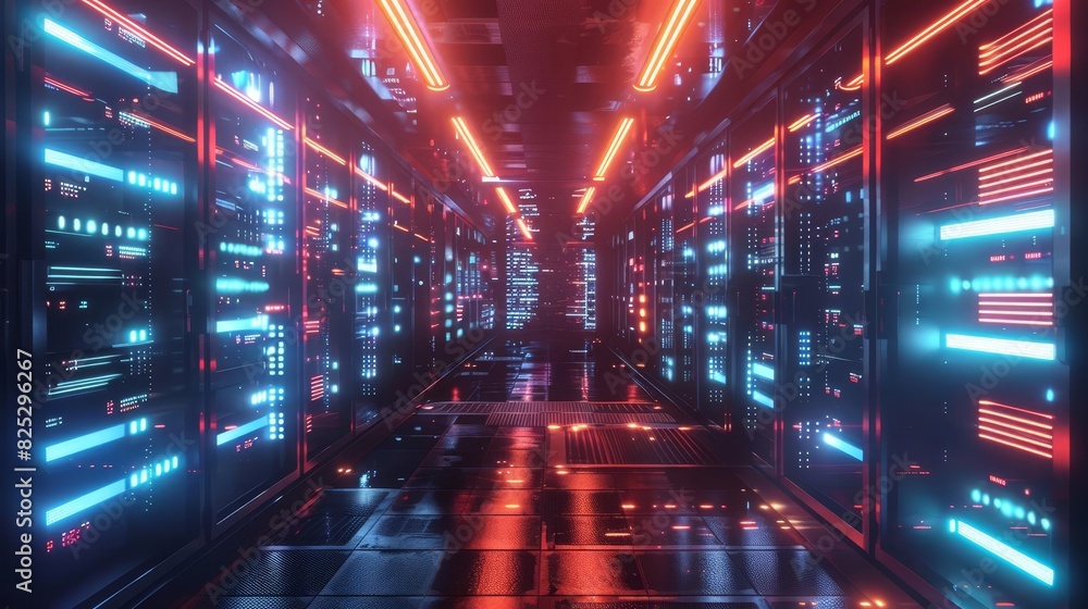 Aufkleber futuristic data center with server racks and glowing scifi lighting 3d visualization