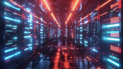 futuristic data center with server racks and glowing scifi lighting 3d visualization